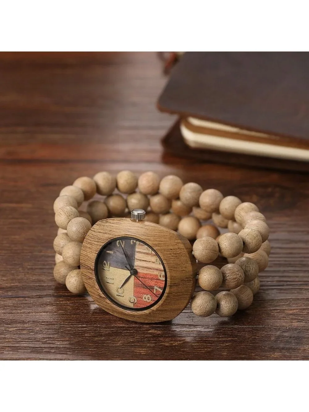 Women's Beige And Colorful Dial Buddhist Beaded Bracelet Elastic Wooden Watch